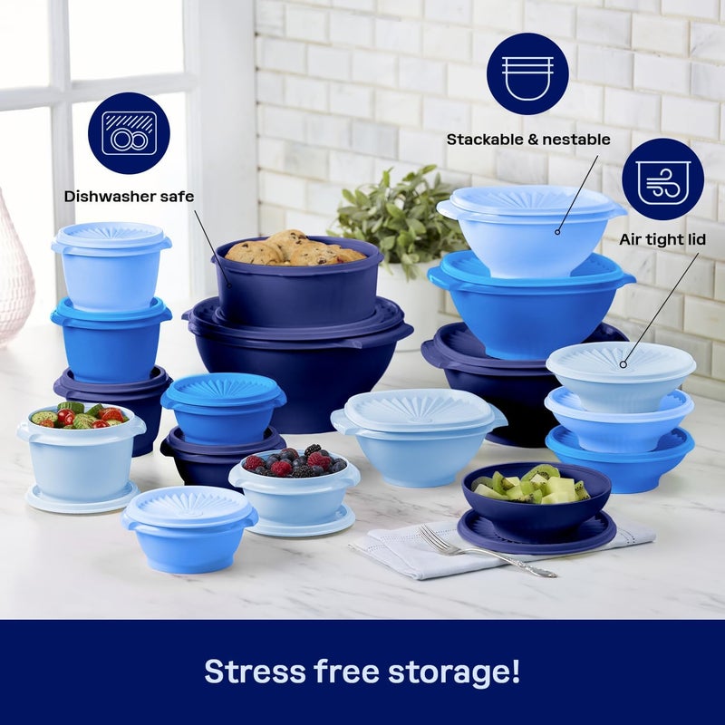 Tupperware مجموعة التراث، مجموعة جديدة من 36 قطعة من حاويات تخزين الطعام باللون الأزرق العتيق، آمنة في غسالة الصحون وخالية من BPA (18 حاوية، 18 غطاء) - Image 5